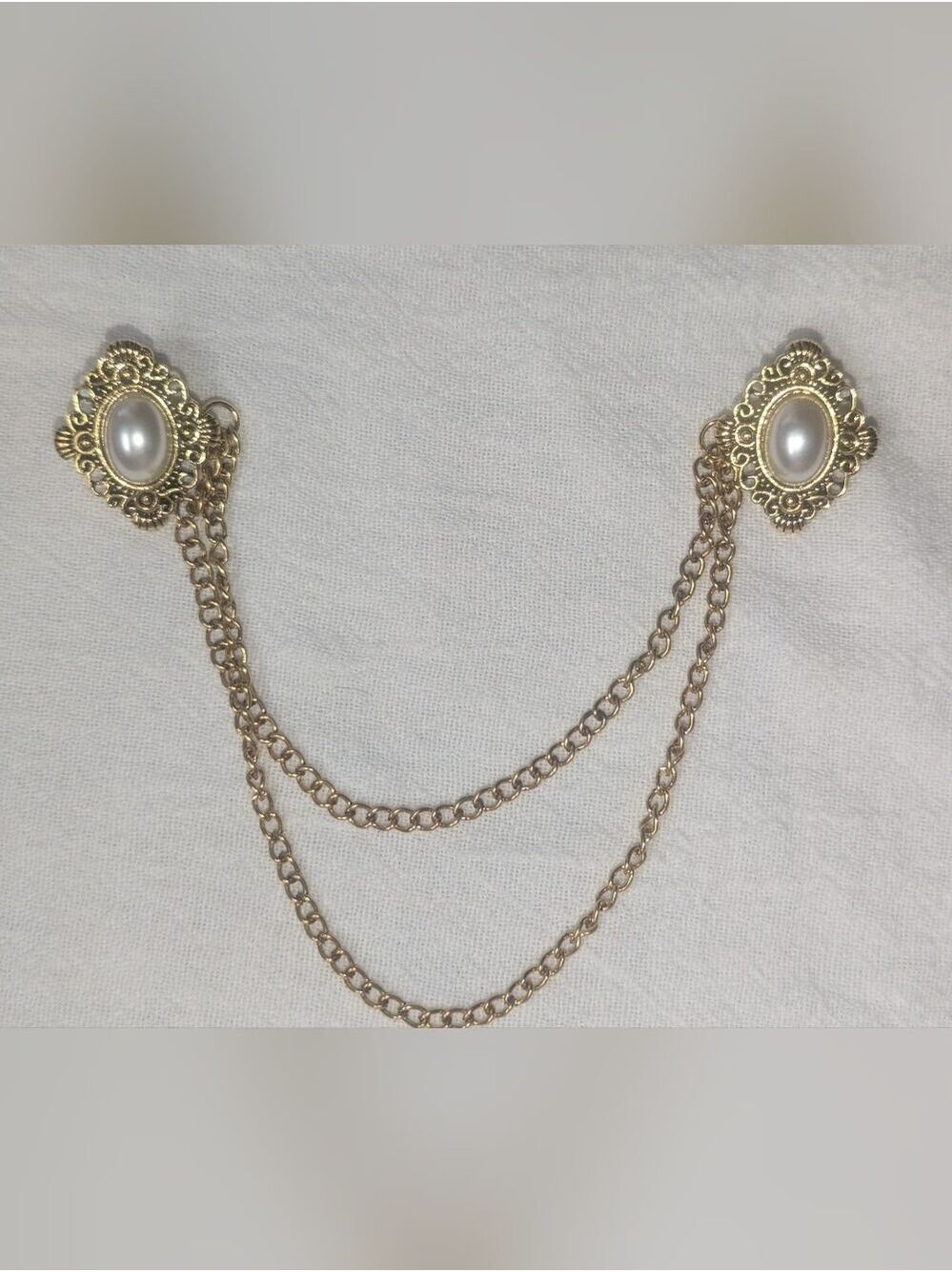Tallit Clips--Gold Tone Pearl Double Chain
